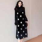 Mock Turtleneck Long-sleeve Top / Spaghetti Strap Star Print Midi Velvet Dress