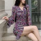 Floral Long-sleeve A-line Dress Pink & Yellow & Black - One Size
