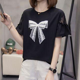 Short-sleeve Lace Panel Bow T-shirt