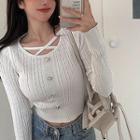 Strappy Faux-pearl Cable-knit Crop Top
