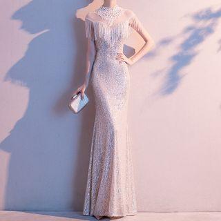 Short-sleeve Sequin Mermaid Evening Gown