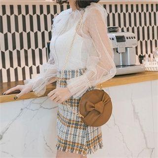 Balloon-sleeve Ruffled Sheer Lace Blouse