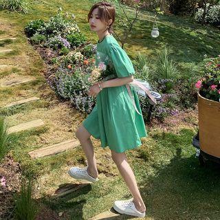 Puff-sleeve Plain Mini Smock Dress
