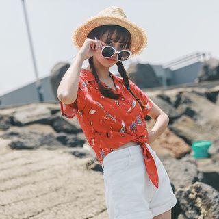 Short-sleeve Tie-waist Floral Shirt