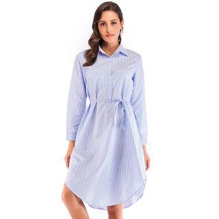Stand Collared Tie-waist Stripe Blouse