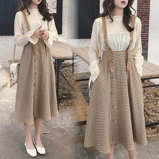 Set: Ruffle Trim Long-sleeve Top + Plaid High Waist Suspender Skirt