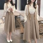 Set: Ruffle Trim Long-sleeve Top + Plaid High Waist Suspender Skirt