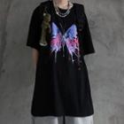 Elbow-sleeve Butterfly Print Long T-shirt