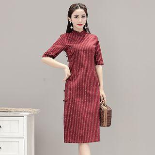 Elbow-sleeve Patterned Qipao Dress
