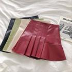Asymmetric Plain High-waist Faux Leather Pleated Skirt