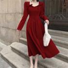 Long-sleeve Lace Trim Square-neck Midi A-line Dress