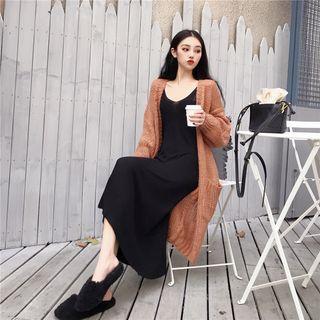 Long Cardigan / Spaghetti-strap Midi Knit Dress