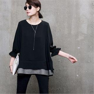 Frill-cuff Plaid-hem Chiffon Top