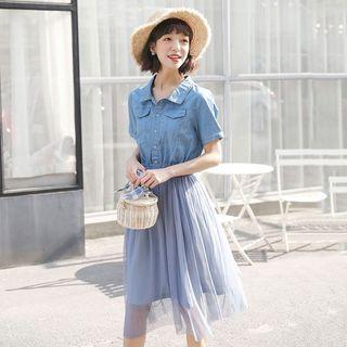 Denim Panel Mesh Short-sleeve Dress