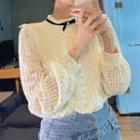Stand-collar Lace Long-sleeve Top Almond - One Size
