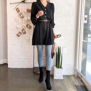Chelsea-collar Pleated Mini Shirtdress