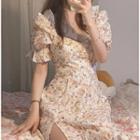 Puff-sleeve Floral Printed Slit Midi Dress