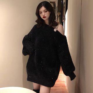 Glitter Cold Shoulder Oversize Sweater