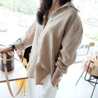 Round-hem Linen Blend Shirt