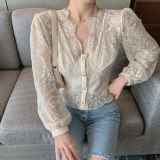 Lace V-neck Puff-sleeve Top