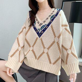 Printed V-neck Oversize Sweater