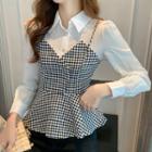 Mock Two-piece Long-sleeve Houndstooth Peplum Blouse