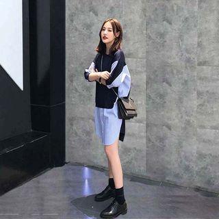 Paneled Balloon-sleeve Striped Shirtdress