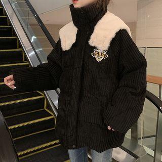 Corduroy Badge Hooded Padded Zip Jacket
