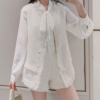 Set: Tie-neck Chiffon Blouse + Fray Trim Sleeveless Jacket + Shorts