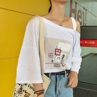 Elbow-sleeve Cut Out Print T-shirt