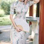 Short-sleeve Print Qipao Dress / Accessory / Set