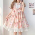 Bow Headpiece / Short-sleeve Rabbit Print A-line Dress / Set