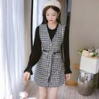 Set: Flared-cuff Blouse + Houndstooth Pinafore Dress