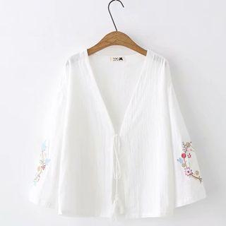 Embroidered Tie-front 3/4-sleeve Jacket