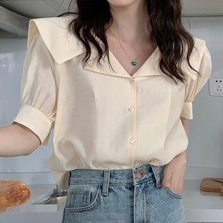 Short-sleeve Open Collar Blouse Beige Almond - One Size