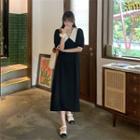 Puff-sleeve Wide Collar Midi Shift Dress Black - One Size