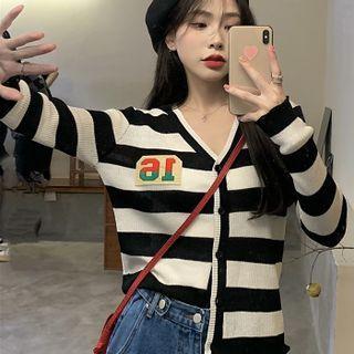 Long-sleeve Color Block V-neck Striped Knit Top