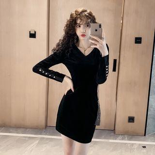 V-neck Long-sleeve Mini Velvet Sheath Dress