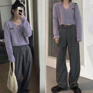 Long-sleeve Tie Neck Patch Knit Top