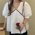 V-neck Contrast-trim Puff-sleeve Top