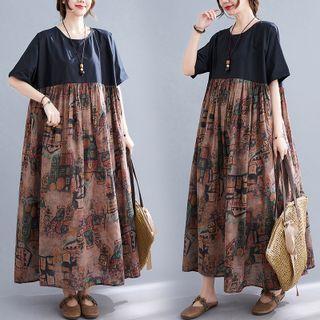 Short-sleeve Printed Panel A-line Dress Khaki & Black - One Size