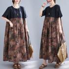 Short-sleeve Printed Panel A-line Dress Khaki & Black - One Size