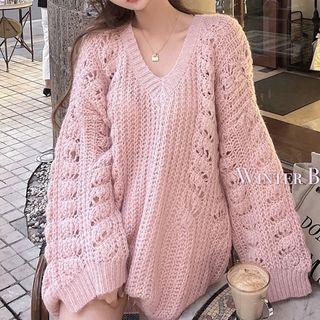 V-neck Loose-fit Knit Sweater As Figure - One Size