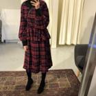 Long-sleeve Button-front Plaid Midi A-line Dress