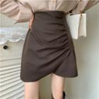 High Waist Asymmetrical Shirred Plain Mini Skirt