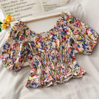 Boatneck Smocked-waist Floral Crop Top Blue - One Size