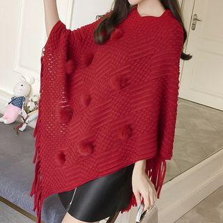 Pompom Fringed Knit Poncho