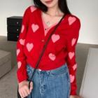 Mock Two-piece Heart Pattern Cardigan Red - One Size