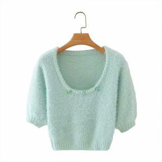 Short-sleeve Cropped Sweater Aqua Blue - One Size
