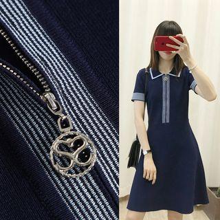 Short-sleeve A-line Knit Dress Navy Blue - One Size